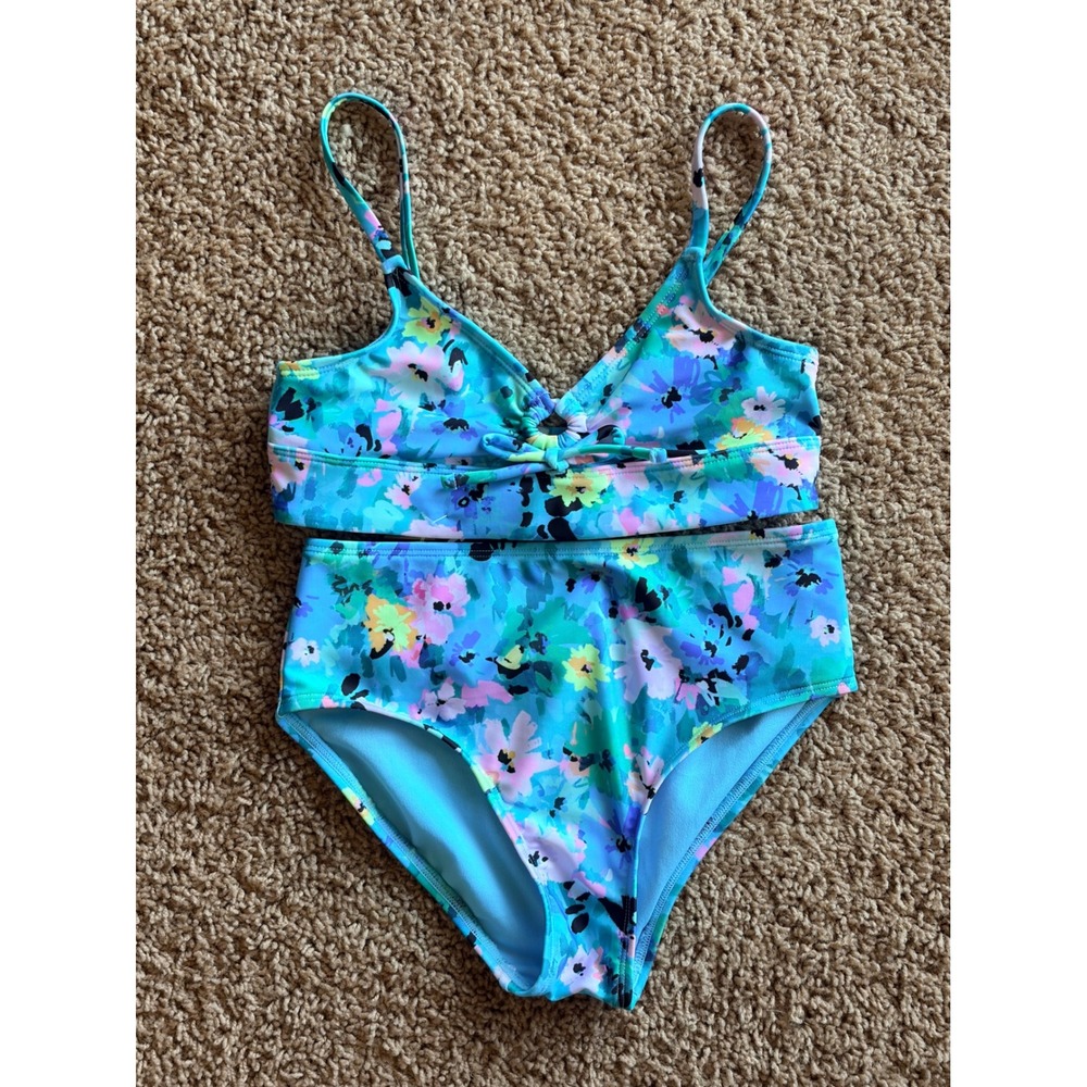 Art Class Blue Watercolor Floral Bikini Swim Bathing Suit Medium Girls 8 NEW WNT